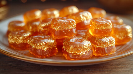 A plate of honey candies, golden and shiny.