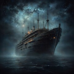 Haunting Vintage Ship Sailing Under a Starry Night Sky