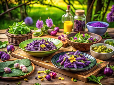 Vibrant Food Photography Featuring Tridens Flavus, the Purpletop Tridens, in a Nature-Inspired Culinary Setting Highlighting Its Unique Texture and Color Palette for Gourmet Dishes