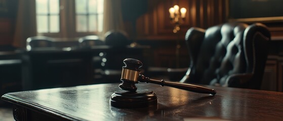 Obraz premium A gavel rests on a polished desk in a formal courtroom setting, symbolizing justice.