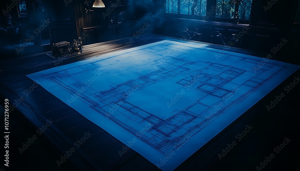 Aufkleber an ethereal, dimly lit room features a mysterious, intricately designed floor that glows softly, sur