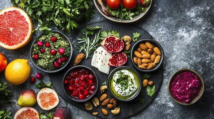 Mediterranean platter with colorful Mediterranean platter and fresh Mediterranean platter ingredients on rustic stone background, Cereals, salads, fresh vegetables and fruits