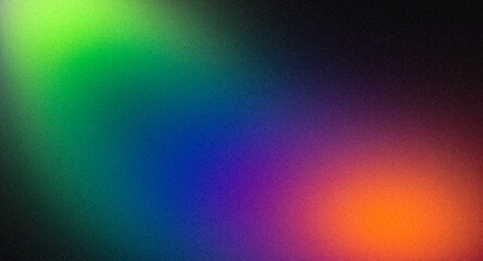 Abstract color gradient dark grainy gradient backdrop design. Orange purple blue green black color flow noisy gradient, Vibrant, bright, glowing, shine, noise texture, backdrop