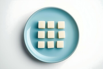 Obraz premium A minimalist plate features nine uniform, white cubes arranged neatly on a soft blue dish, creating a visually appealing design.