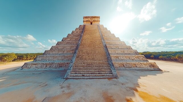 The ancient Mayan pyramid of Kukulkan, also known as El Castillo, in Chich?n Itz?, Mexico, with its iconic steps leading to the top.
