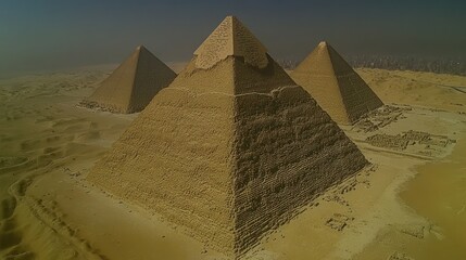 Three ancient pyramids in the desert, with a panoramic view of the surrounding landscape.