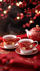 Fototapeta premium Elegant red tea set with floral patterns, steaming cups, and festive decor