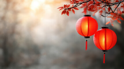 Fototapeta premium Red lanterns hanging from branches with autumn leaves create warm, inviting atmosphere