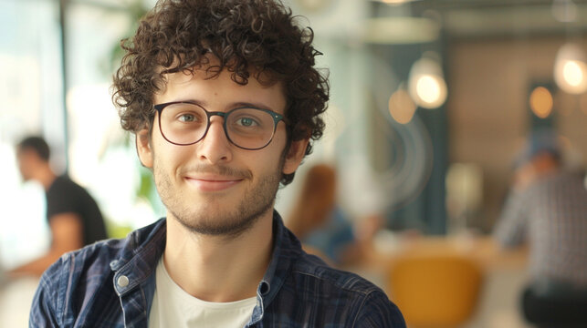 happy young intern man, with curly hair and glasses in a casual outfit standing at an office