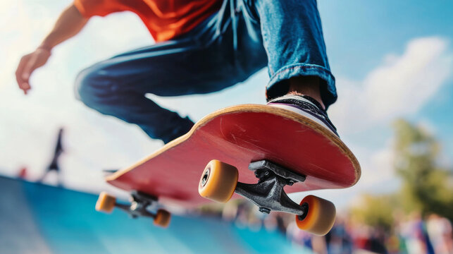 A skateboarder performing a trick on a half-pipe during an extreme sports event, capturing the skill and precision of the sport.