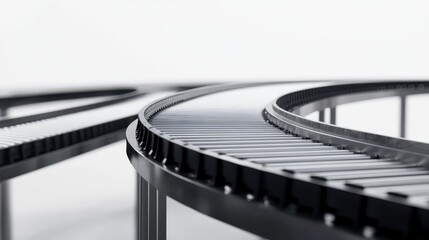Conveyor Belt System: Close-up of a modern and efficient conveyor belt system, showcasing its intricate design and smooth operation.  The black belt curves gracefully.