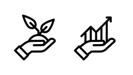 Set of icons of leaves and bar chart growing in the palm of hand, variable line width