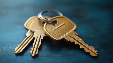 Three golden keys on a ring, lying on a blue surface.