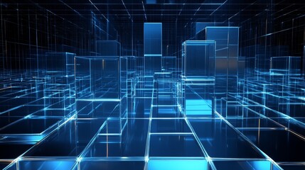 Fototapeta premium A futuristic digital landscape featuring transparent cubes and glowing lines in a dark environment.