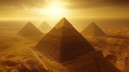 Three majestic pyramids rise from the desert landscape bathed in the golden glow of the setting sun.