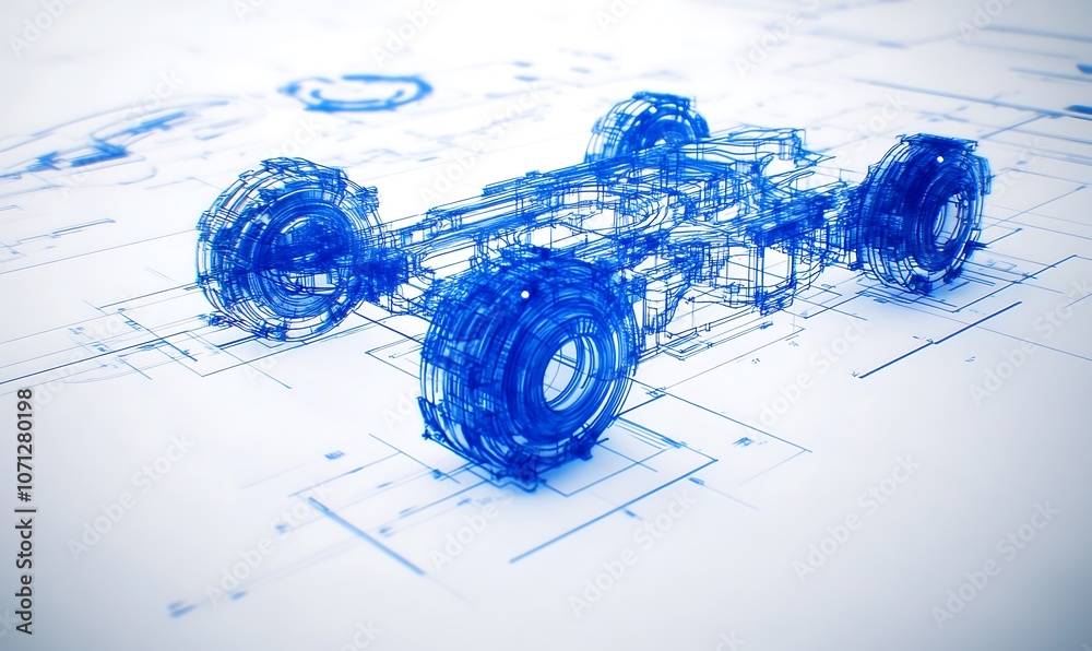 Poster a 3d blueprint of a vehicle design with transparent wheels, showcasing a fusion of technology and en
