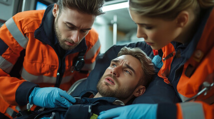 A paramedic team quickly assessing a patient at the scene of an accident, following established paramedic protocols for triage.