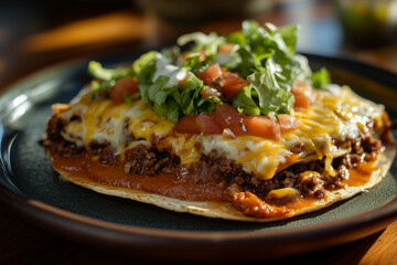 Corn tortillas topped with ground beef, lettuce, cheese and tomato sauce. Hispanic heritage month traditions