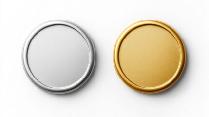 Two circular metal tokens, one silver and one gold, displayed side by side against a white background.