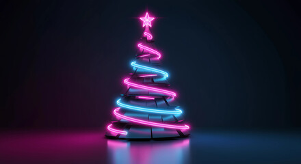 A vibrant, modern Christmas tree formed by swirling neon lights glowing against a dark background, creating a festive, minimalist holiday look. generative ai