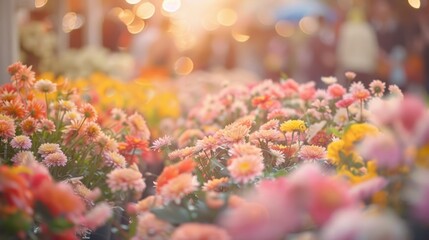 Defocused image of a floral wonderland filled with a sea of hazy petals and wandering guests.