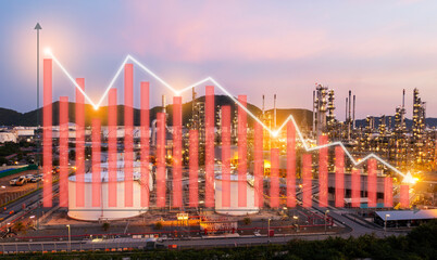 Oil-gas refinery or petrochemical plant. Include an arrow, graph, or bar chart. Decrease trend or low of production. Energy and economy crisis.