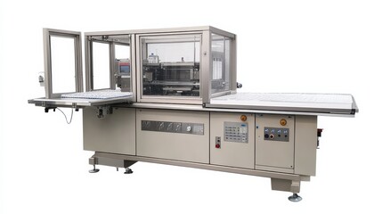 Industrial Packaging Machine: A close-up shot of a modern, automated packaging machine, showcasing its industrial design and functionality. The machine features a clear enclosure.