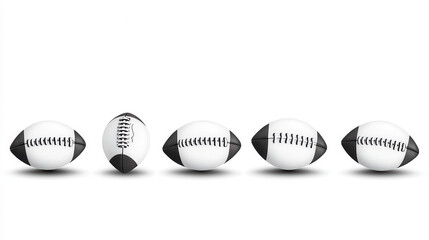collection of five footballs in various orientations, showcasing their design and stitching details. image conveys sense of sport and teamwork