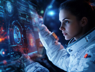 A scientist adjusting a professional telescope, preparing for deep space exploration and research, with high-tech screens displaying celestial data.