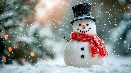 Fototapeta premium A snowman with a red scarf and a black hat stands in the snow