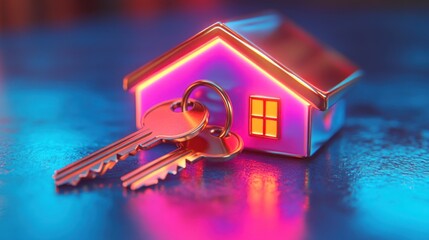 Two keys resting in front of a miniature house model, illuminated with pink and blue neon lights.