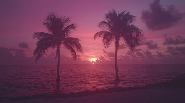 Two palm trees silhouetted against a vibrant pink sunset over a tranquil ocean.