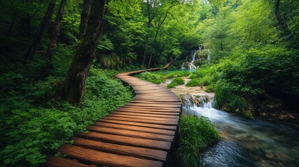 Obraz premium Wooden Path Through Lush Forest with Waterfalls in Background