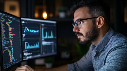 Fototapeta premium A security expert reviewing data analytics reports, focusing on trends and patterns to predict and mitigate future cyber risks.