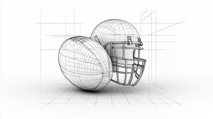 Black and white linear depiction of football helmet and ball, showcasing intricate details and design elements. This artistic representation highlights sport essence