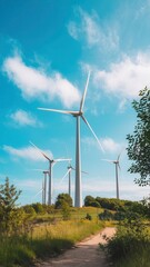 Wind Turbines Spinning Against a Clear Sky in a Rural Landscape. Generative AI
