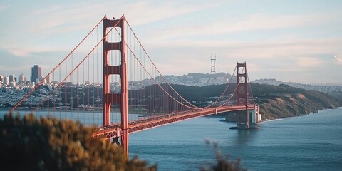 Fototapeta premium The Golden Gate Bridge in San Francisco, seen from a distance with the city skyline in the background