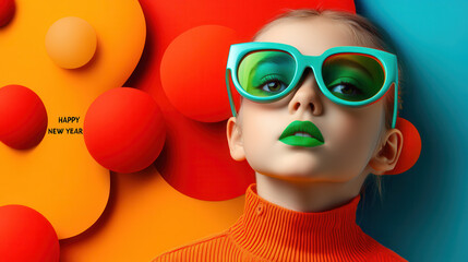 child with bold green lips and oversized sunglasses poses against vibrant backdrop of orange and blue circles, exuding playful and festive spirit