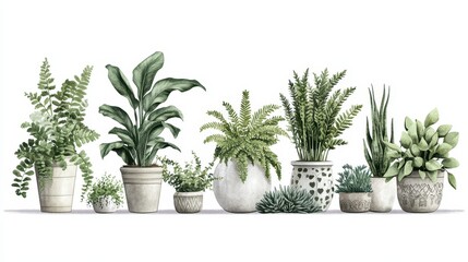 Watercolor Illustration of Various Green Plants in White Pots
