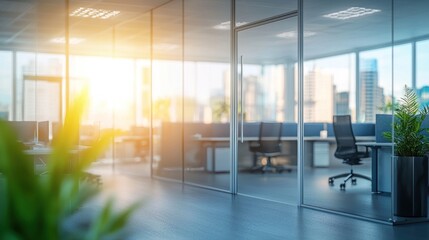 Fototapeta premium Blurred office interior background with a blurred door and glass wall, blurry bokeh light effect for a business concept design. High-quality photo, taken with a telephoto lens in realistic daylight.