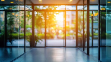Fototapeta premium Blurred office interior background with a blurred door and glass wall, blurry bokeh light effect for a business concept design. High-quality photo, taken with a telephoto lens in realistic daylight.
