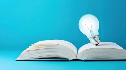 Open Book with a Bright Light Bulb Illuminating the Pages, Symbolizing Knowledge, Creativity, and Inspiration in a Minimalist Scene