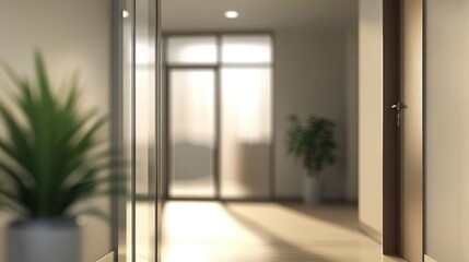 Fototapeta premium Blurred office interior background with a blurred door and glass wall, blurry bokeh light effect for a business concept design. High-quality photo, taken with a telephoto lens in realistic daylight.