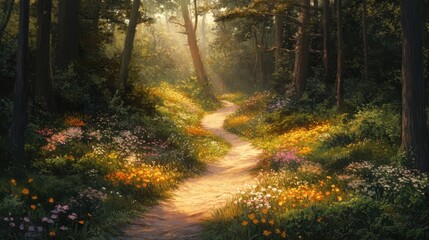 Obraz premium Sunlit Path Through a Flower-Filled Forest