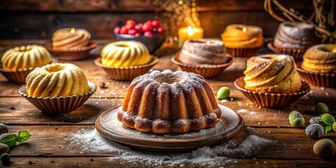 Fototapeta premium Exquisite Bundt Cake and Colorful Cupcakes in Low Light Photography