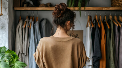 Fototapeta premium A person browsing a sustainable clothing store, with items made from organic fabrics, recycled materials, and fair-trade practices.