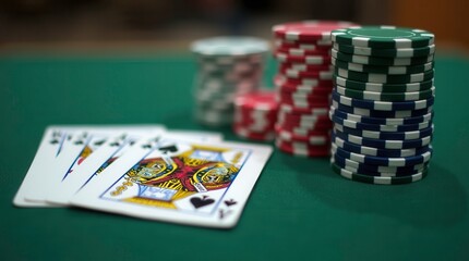 Fototapeta premium Chips Stacked Beside a Royal Flush During a High-Stakes Poker Game. Generative AI