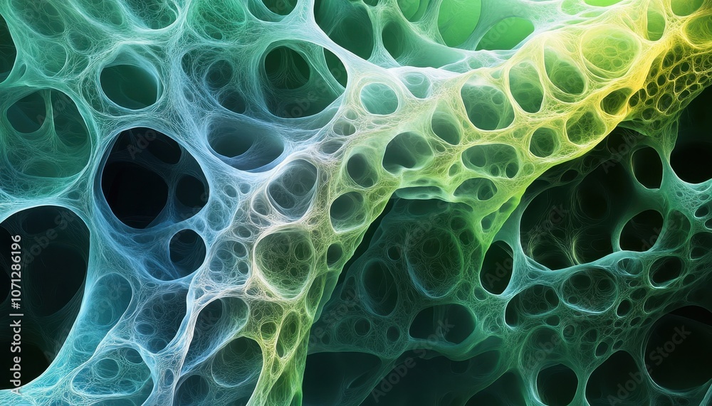 Poster abstract interconnected network of green and blue filaments with circular openings