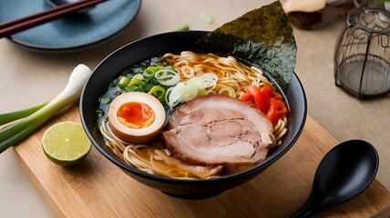 An overhead shot of a comforting Japanese ramen bowl with noodles, soft-boiled egg, pork belly, and vegetables in savory broth