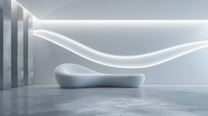 A sleek white couch sits in a minimalist room with a white curved wall and a grey floor.
